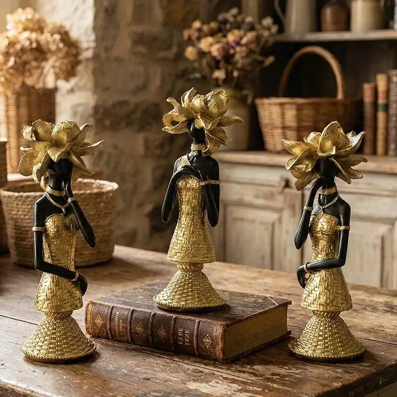 Resin Handicrafts Simulation Figure Sculpture African Elegant Goddess Black Statue Golden Flower Woman Home Decoration