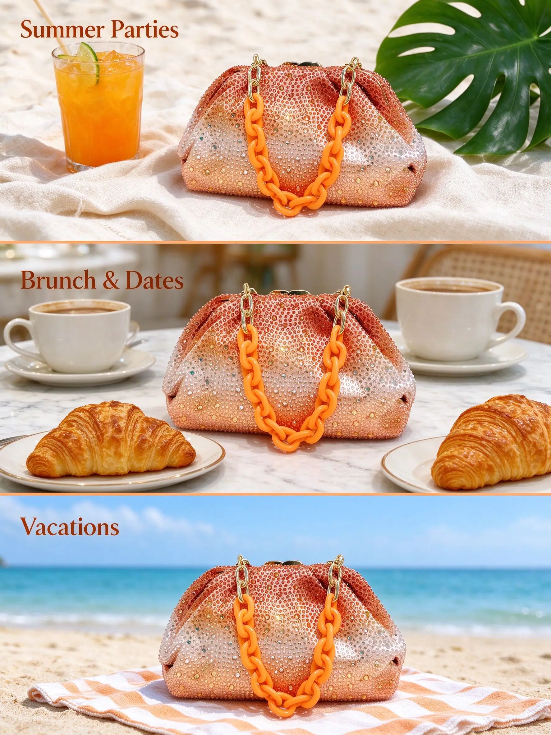 Bolso de mano con pedrería degradada para mujer, bolso de nube de cuero PU, bolso de fiesta de verano color mandarina con cadena gruesa de acrílico, bolso de mano para brunch y fiesta de graduación