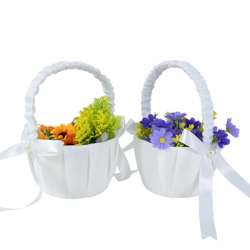 20 CM White Flower Girls Basket Silk Wedding Basket for Flower Bride/Kids Hand Held Wedding Ceremony Party Decorations