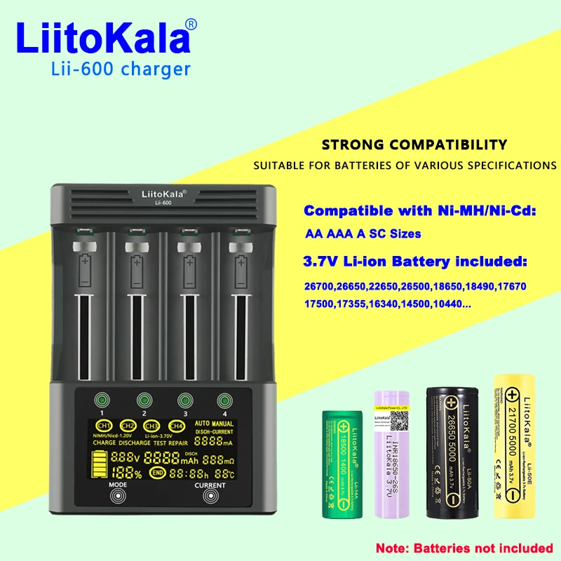 LiitoKala-Lii-600 Carregador de bateria, adequado para Li-ion 3.7V e NiMH, 1.2V, 18650, 26650, 21700, 26700, AA, AAA, 12V5A