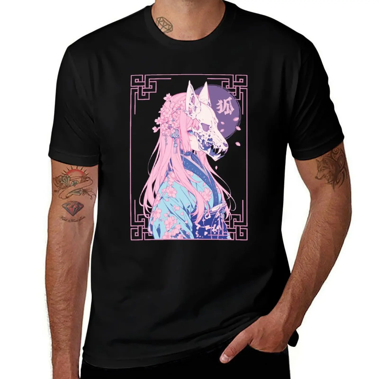 

Pink Kitsune Fox Skull Girl T-Shirt valentines boutique clothes for a boy summer 2025 mens t shirts casual stylish