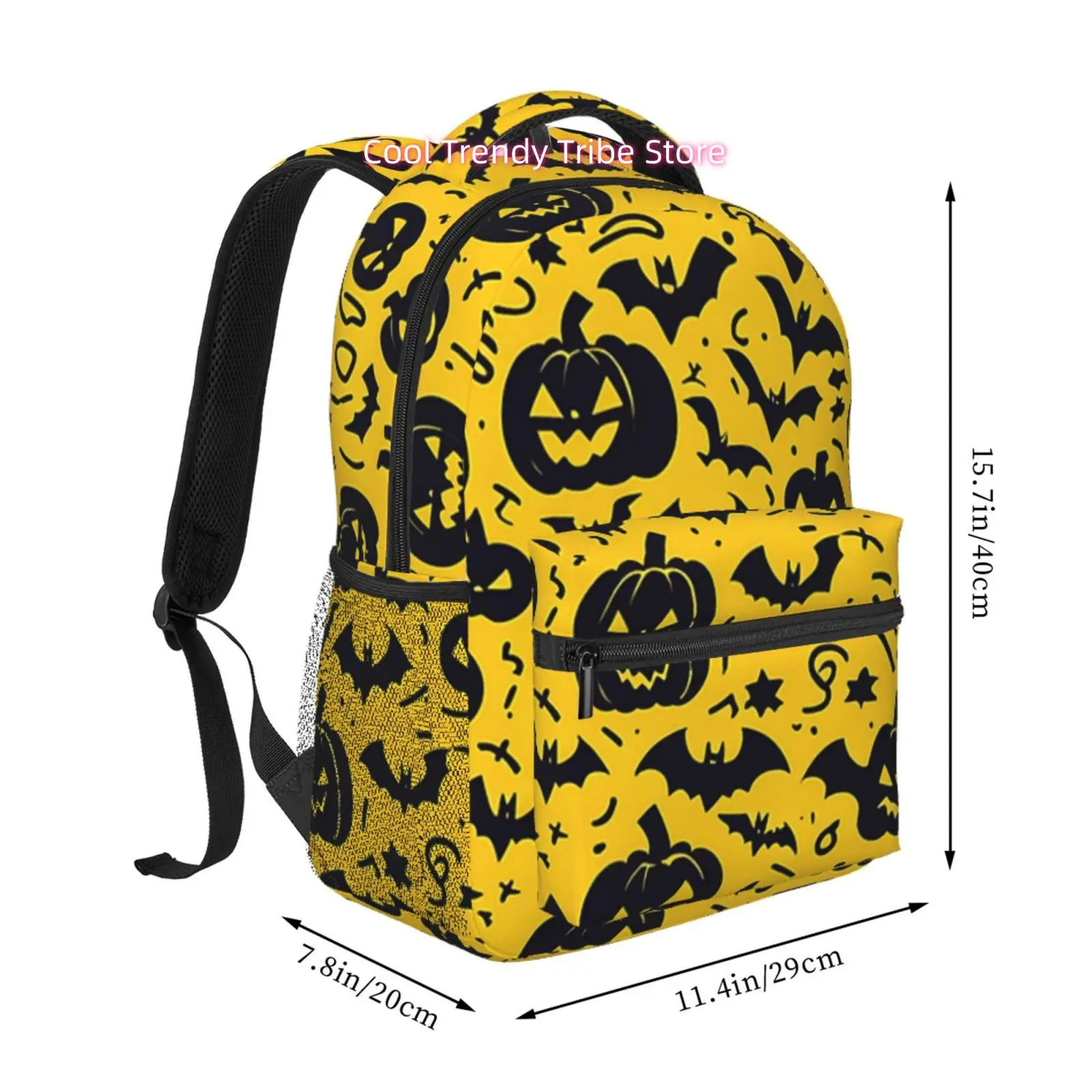 Large Capacity Lightweight Laptop Backpack with Pumpkin Bat Print - Bright Yellow & Black Suitable for Work,, Travel, Adjustable