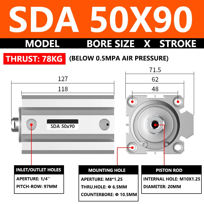 ABILKEEN SDA50X90 SDA Series Thin Air Cylinder 50MM Female Thread Bore X 90MM Stroke Double Acting Pneumatic Compact Cylinder