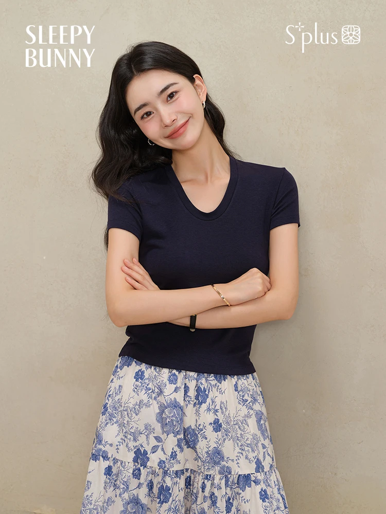 

Tencel Wool Slim Fit U-Neck Knit T-Shirt Women Summer Short Sleeve Soft Stretchy Basic Top Elegant Casual Tee Daily Office Wear