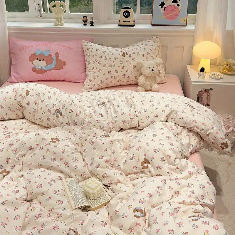 Pink Girls Bedding Set No Filler Ins Korean Style Summer Duvet Cover Flat Sheet Pillowcases Fashion Single Queen Size Bed Linens