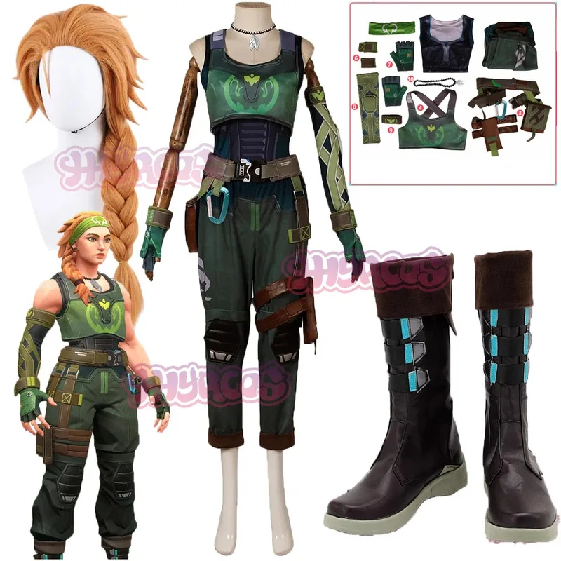 

DY2025VALORANT Косплей Костюм Скай Парик Платок Униформа Карманные Сумки Аксессуары Мужчины Женщины Хэллоуин Вечерние Наряды Обувь Сапоги