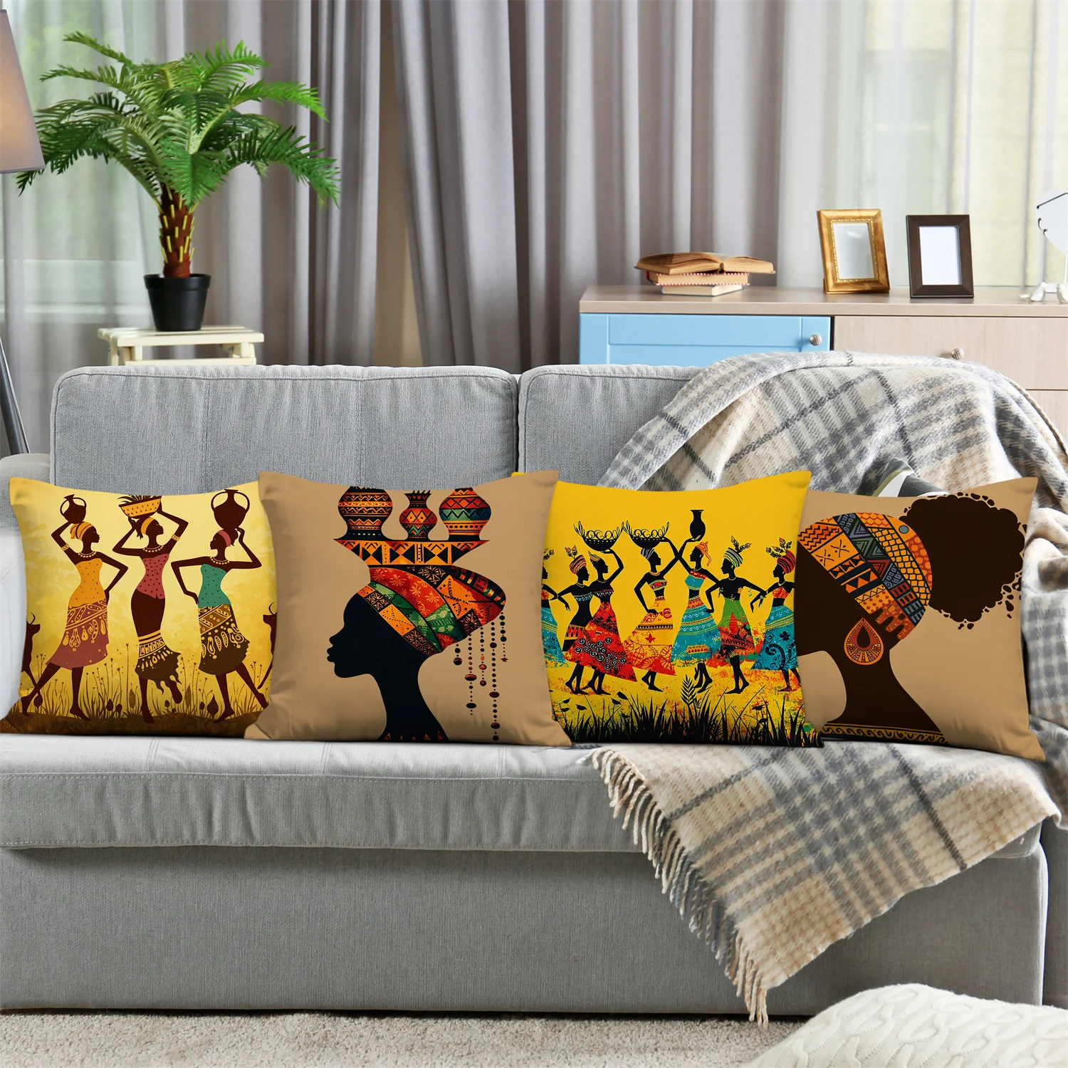 Colorful African Ethnic Pillow Covers, Tribal Woman Silhouette & Pot Art Decorative Throw Pillow Cases, Afrocentric Home Decor