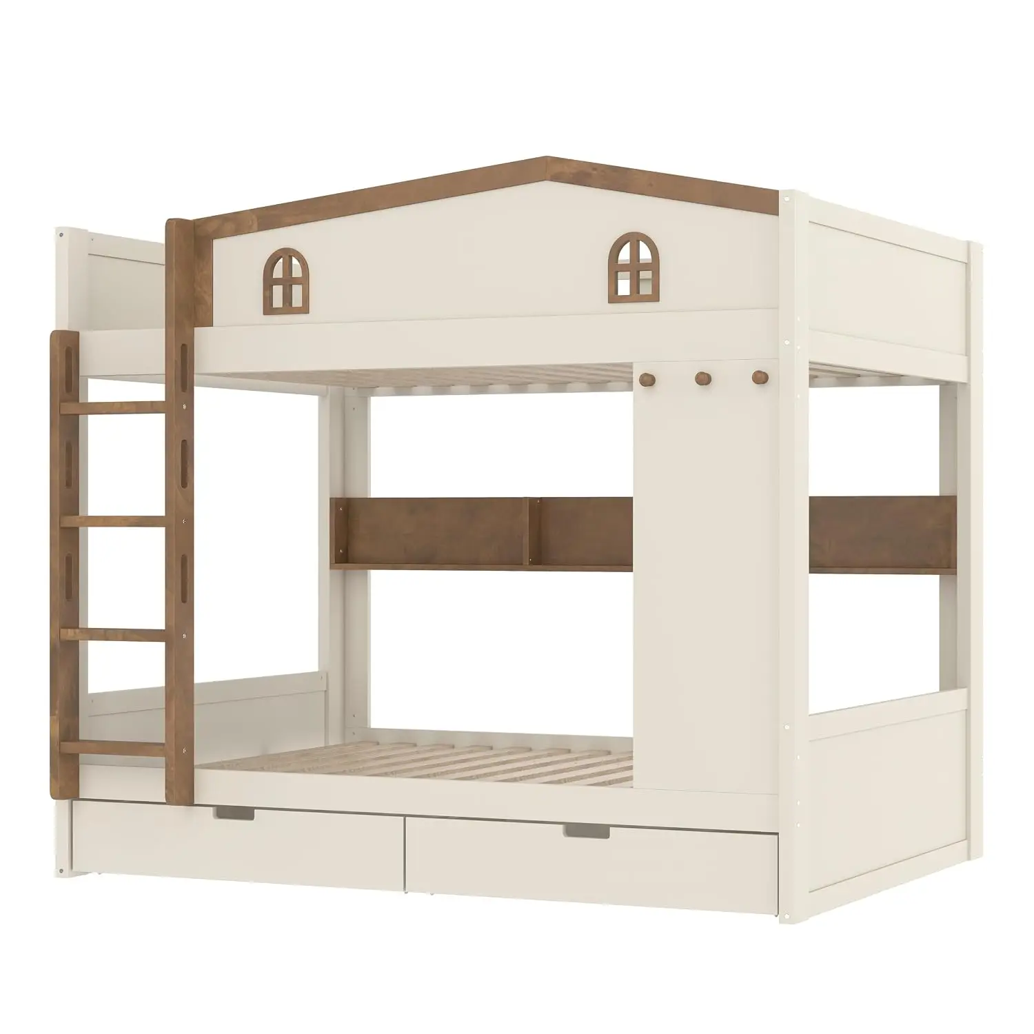 Queen Over Queen Bunk Bed with Storage Drawers Shelves Hooks Beige Natural, Customized image 5