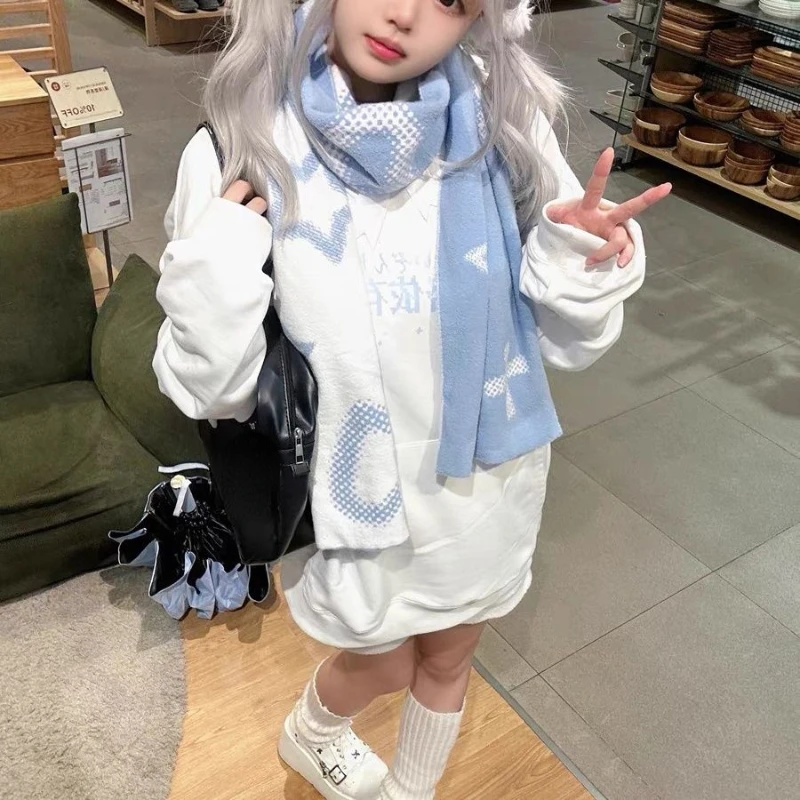 Y2k Aesthetic Girl Star Printing Scarf Harajuku Two-sided Warmth All Match Neckerchief 2024 Japanese Fashion Streetwear Scarves