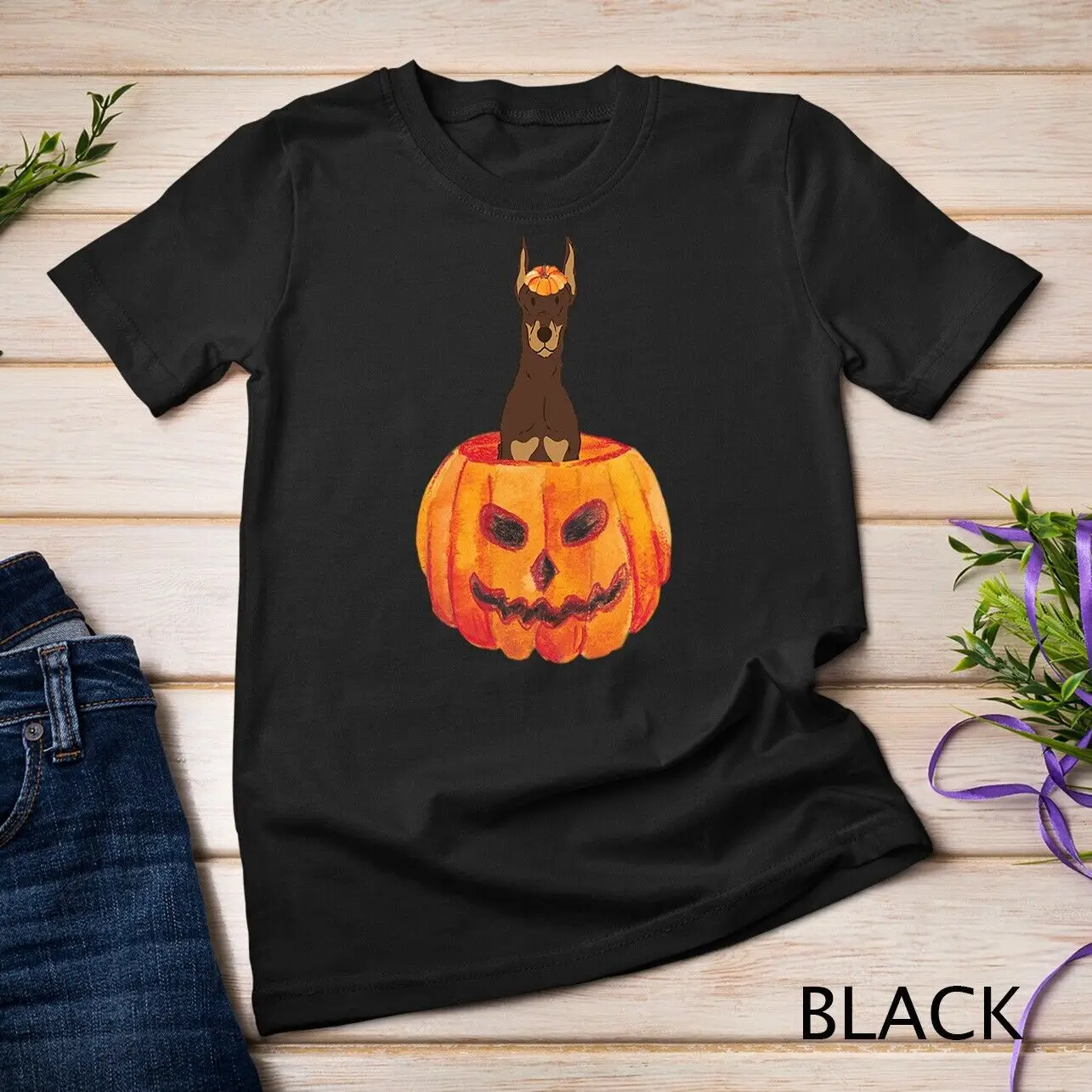 Red Doberman Pinscher Pumpkin Doberman Dog Halloween Unisex T-shirt