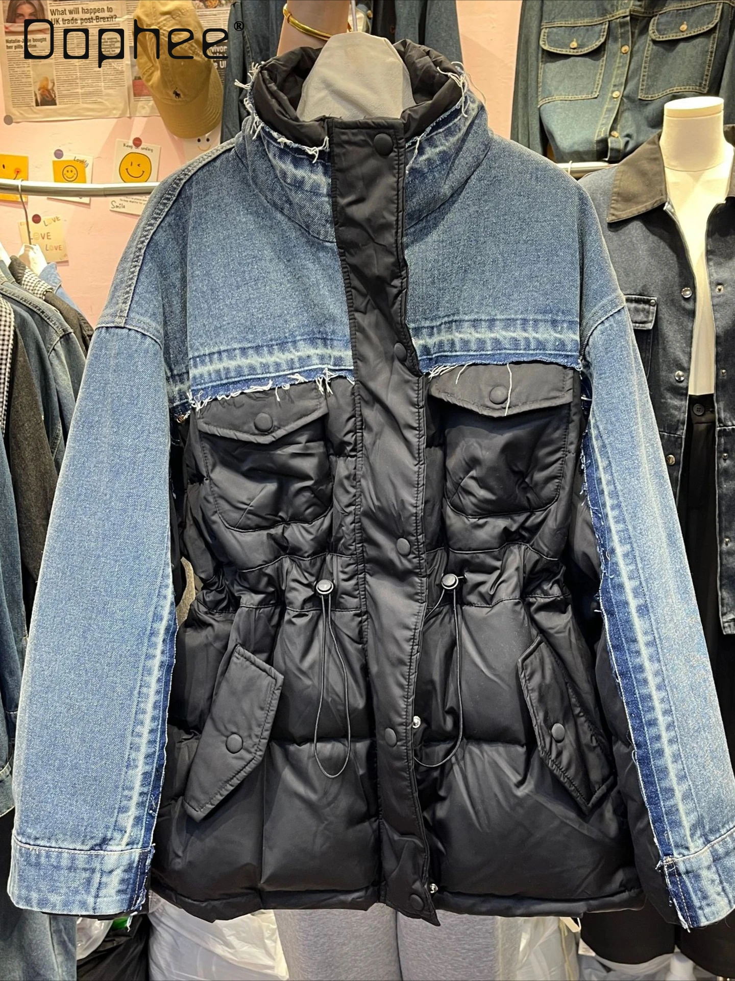 

Korean Style Ins Trend High-end Denim Stitching Down Jacket Warm Thickened Coat Winter New Fashion Loose Slimming Coat Women