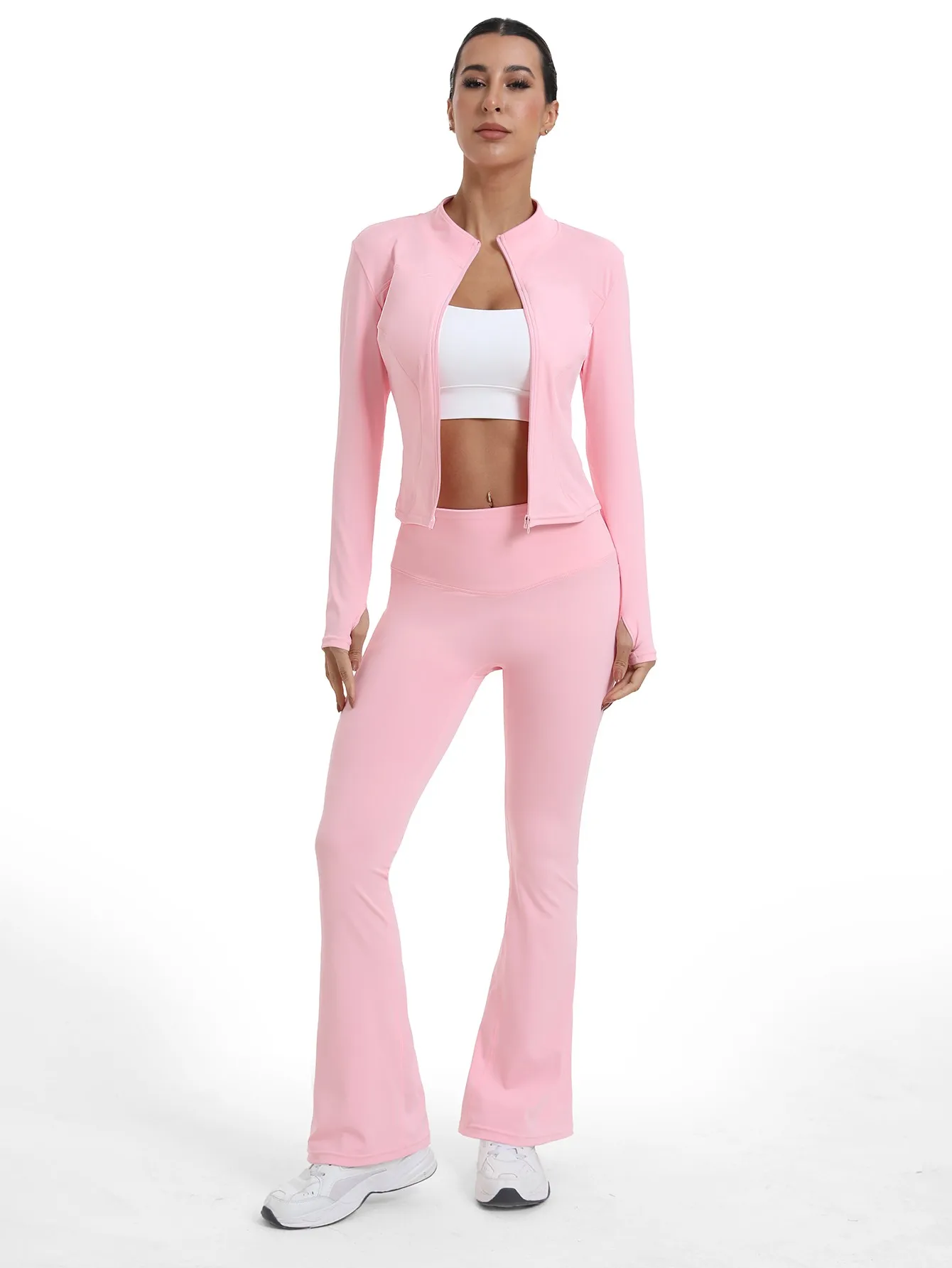 Fitfemme Spring 2Pcs Women's Casual Bell Bottoms Yoga Sport Suit With Pockets High Waist Legging Jacket Running Pants image 5