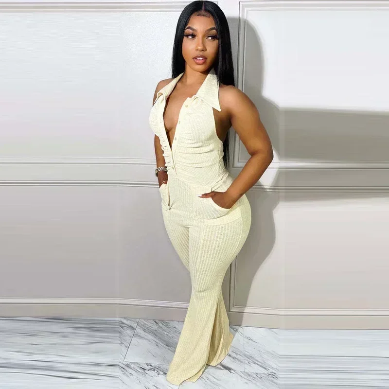 GUWU Turn Down Collar Halter Sexy Jumpsuit Pocket Knitted Ribbed Backless Skinny Bodycon Rompers Clubwear Overalls
