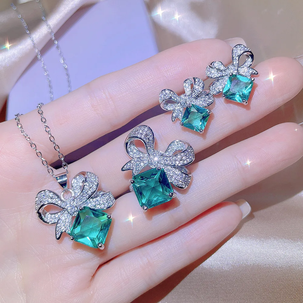 CC Created Topaz Jewelry Sets for Women Silver Color Pendant Necklace Earring Ring Set 3pcs Fashion Accessories Party Gift