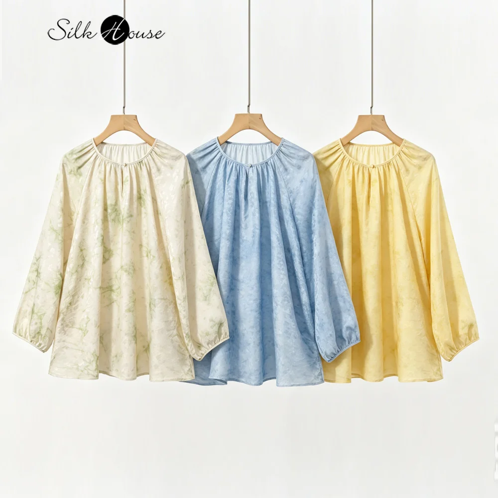 2026 Women's Casual Summer New 100% Natural Mulberry Silk Flower Luo Green Dyeing Wind Design Round Neck Long Sleeve T-shirt