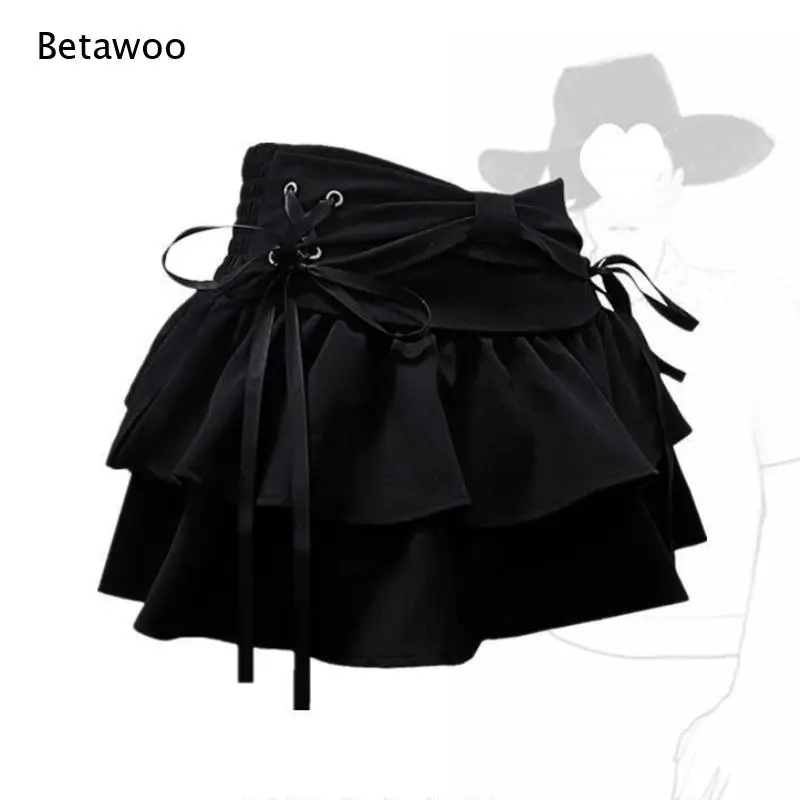 Ladies Double Layer Ruffled Denim Skort Pink Ribbon Bow Decor High Waist Cute Mini Skirt Y2K Sweet Fashion Short Skirt