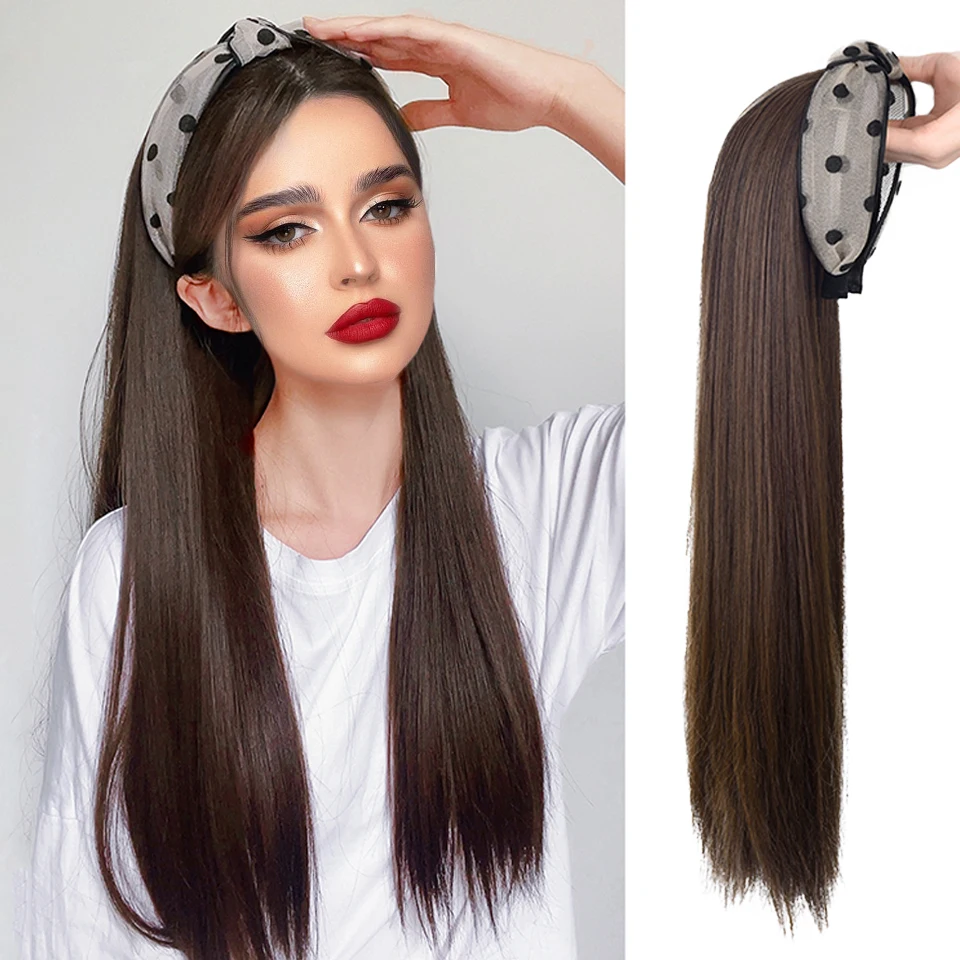 Synthetic Straight Headband Wig Black/Brown Heat Resistant Synthetic Hair Women\'s Headband Wig Full Machine Made Wigs For Women