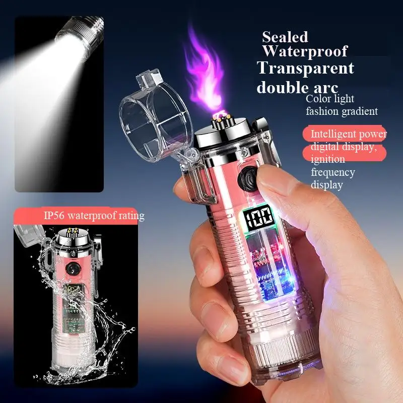 

Cylindrical Outdoor Windproof Waterproof Transparent Double Arc Lighter Intelligent Digital Display Tepy-c Charging PulseLighter