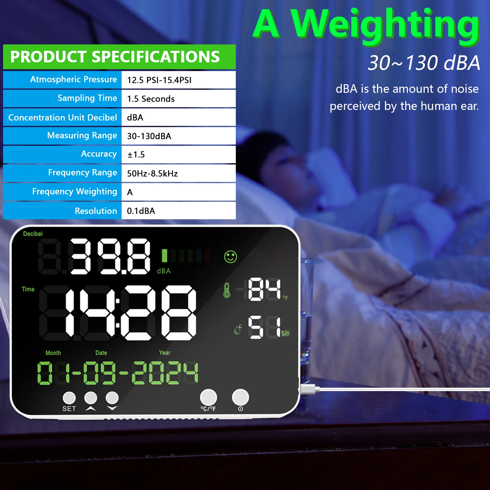 HOLDPEAK 4-in-1 Wall Noise Monitor 30-130dB Decibel Tester with Color Bar Alert, Temp/Humidity/Clock Display, LED Screen