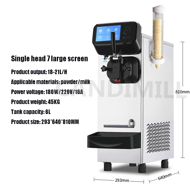 Mesin pembuat es krim otomatis Desktop, kepala tunggal kecil, mesin es krim lembut Sundae Gelato pembuat 6L