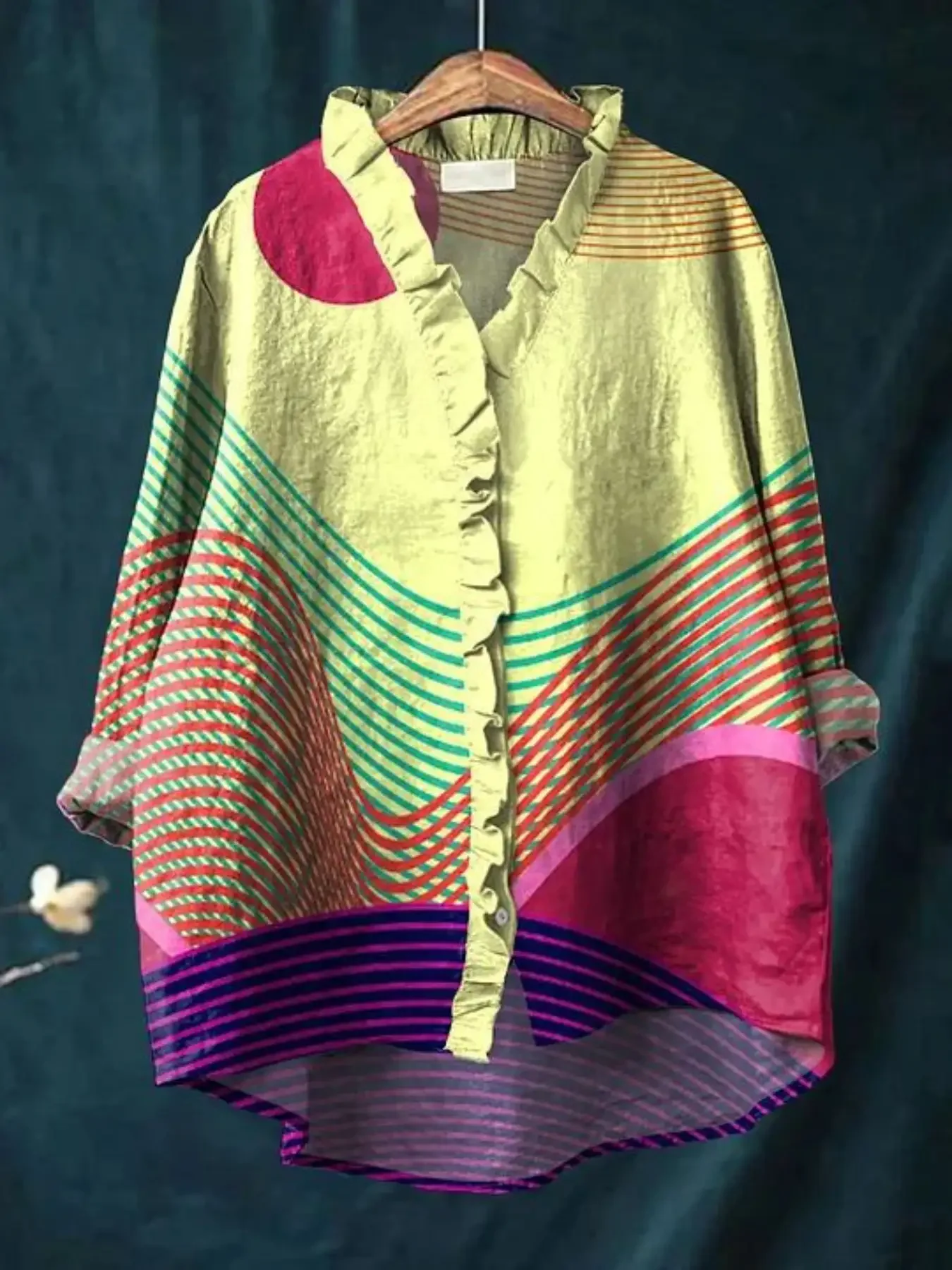 2026 new women's printed long sleeved shirt with ruffled collar, Holiday shoppers, curvaceous women