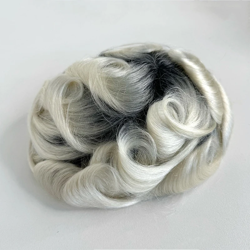 Peruca Masculina com Raiz Preta Ombré T1B/60RY, Microskin PU e Nós Duplos, 0.06mm, Linha Capilar Natural, Prótese Capilar Masculina