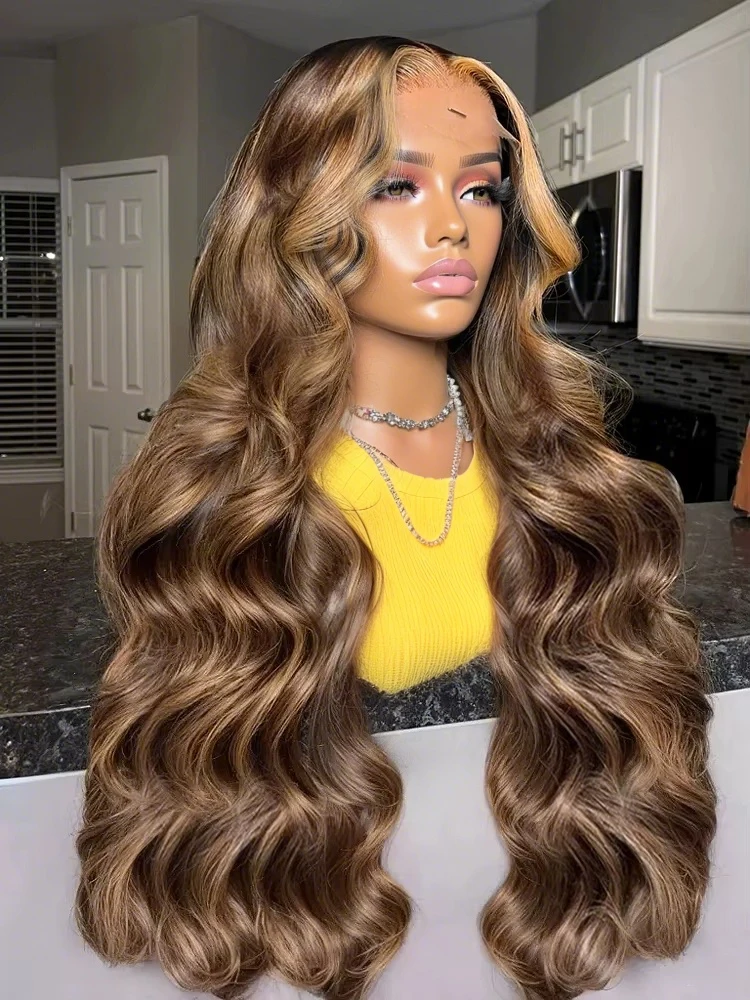 

30 Inch Honey Blonde Ombre Highlight Human Hair Wigs 13x6 HD Lace Front Wig Body Wave Lace Frontal Preplucked 4/27 Colored Hair