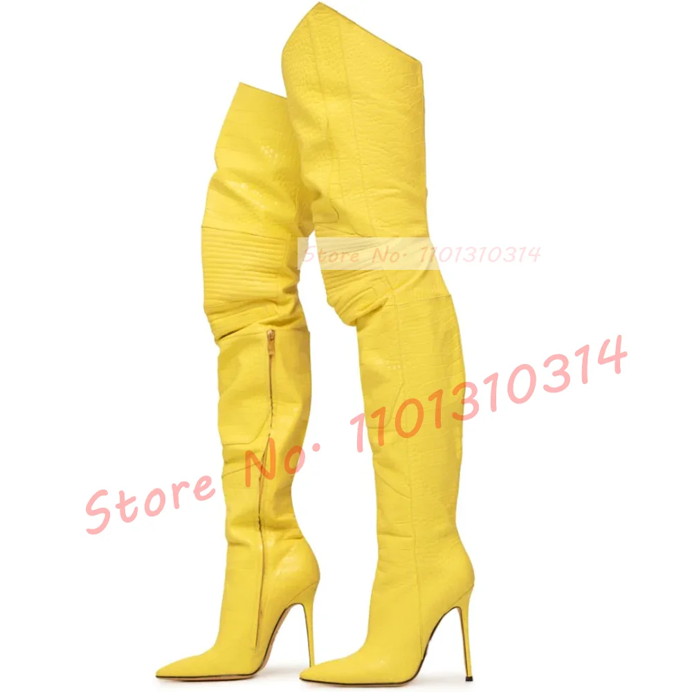 Yellow Croc Pattern Long Boots Women Sexy Trend High Heels Over Knee Shoes Summer Leather Splicing Luxury Pointy Fashion Boots