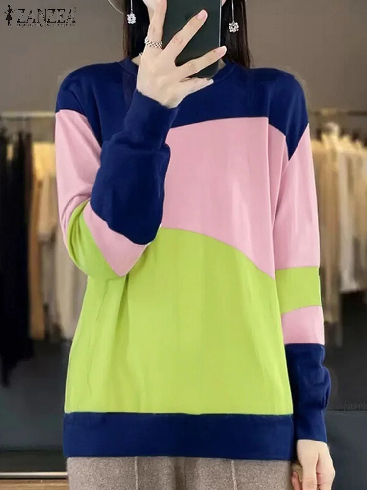 ZANZEA Casual Coreano Felpe O Collo 2025 Primavera Manica Lunga Allentato Felpe da Donna Streetwear Color Bloccato Pullover Top