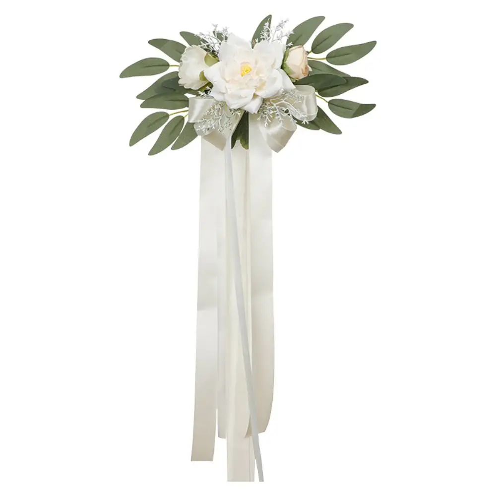 

Silk Flower Chair Back Flower Eucalyptus Leaves with Ribbon Wedding Pew Flowers Floral Decoration Multicolor Artificial Flowers