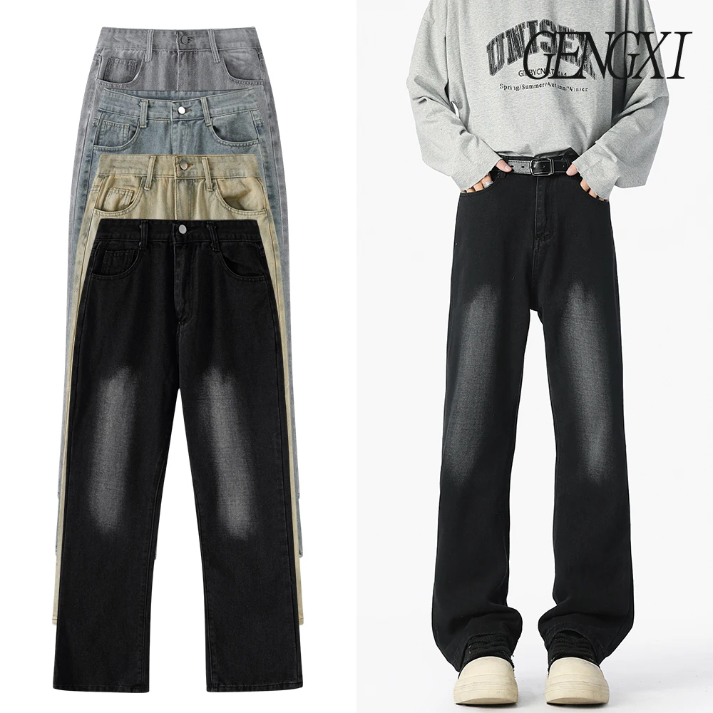 

Men's washed vintage distressed micro-flared jeans High street straight leg loose casual trousers American wide leg trousers