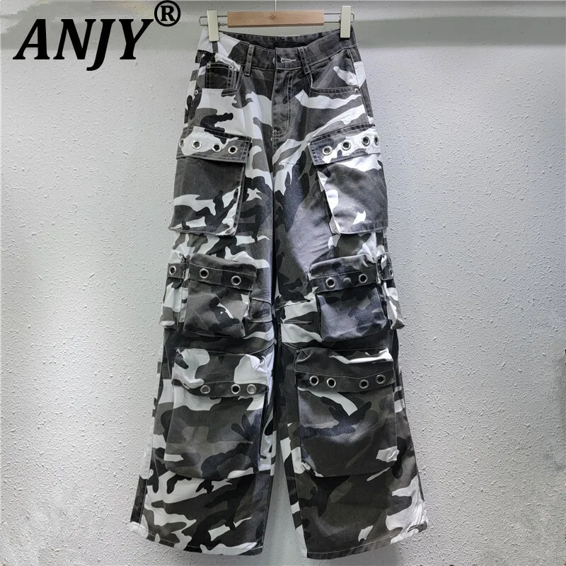 

ANJY Autumn New Women Ins Cargo Jeans Multi-Pocket Camouflage Slimming Vintage Streetwear Hip Hop Safari Style Denim Pants A9390