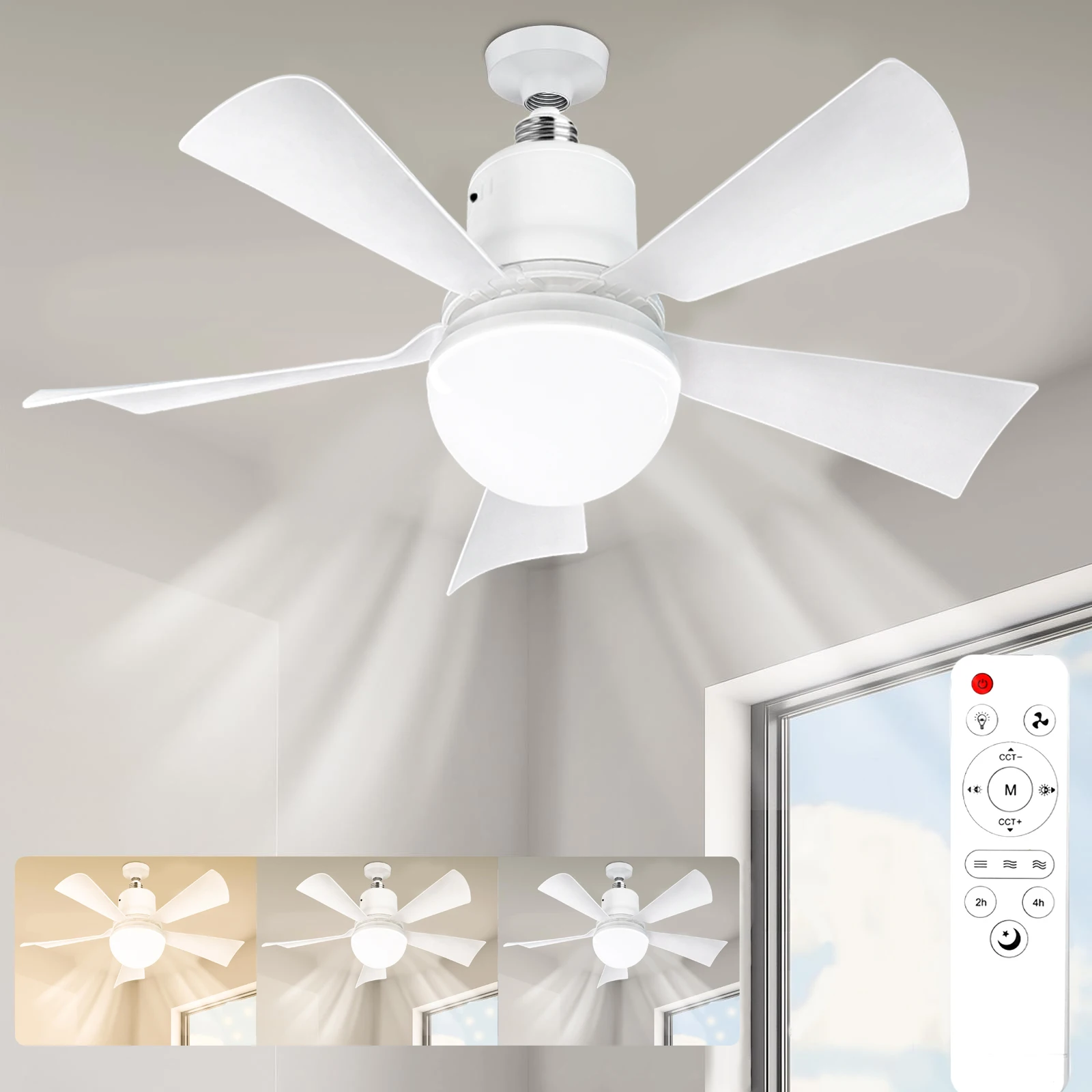 

20.5inch LED Socket Fan Light with Remote Small Ceiling Fan with Light, Cordless Light Socket Fan for Kitchen Bedroom Small Room