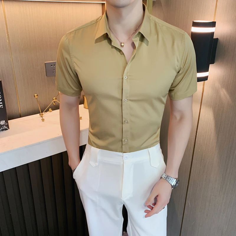 2023 Brand Clothing Casual Shirts Men Short Sleeve Solid Business Mens Dress Shirt Button Collar Plain Man\'s High-end Shirt 4XL