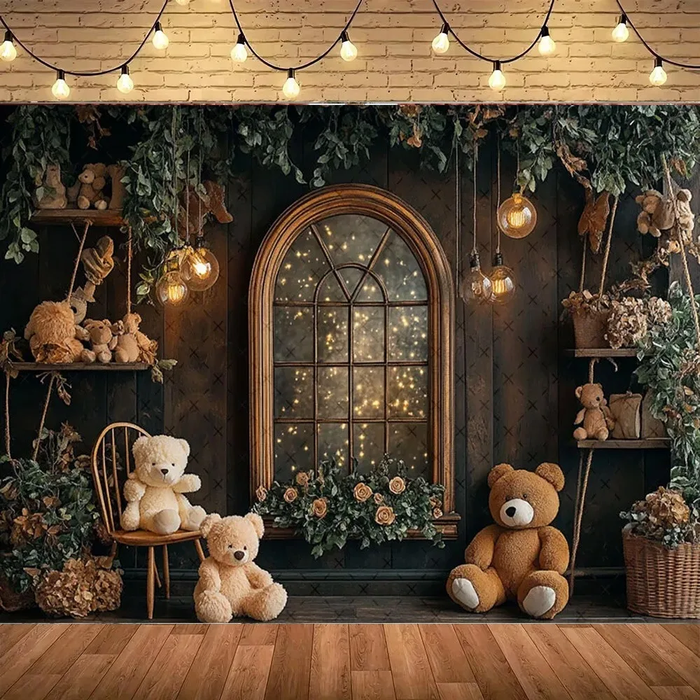 

Winter Christmas Retro Photography Background, Indoor Teddy Bear Gift, Children's Family Party Decoration Photography Background