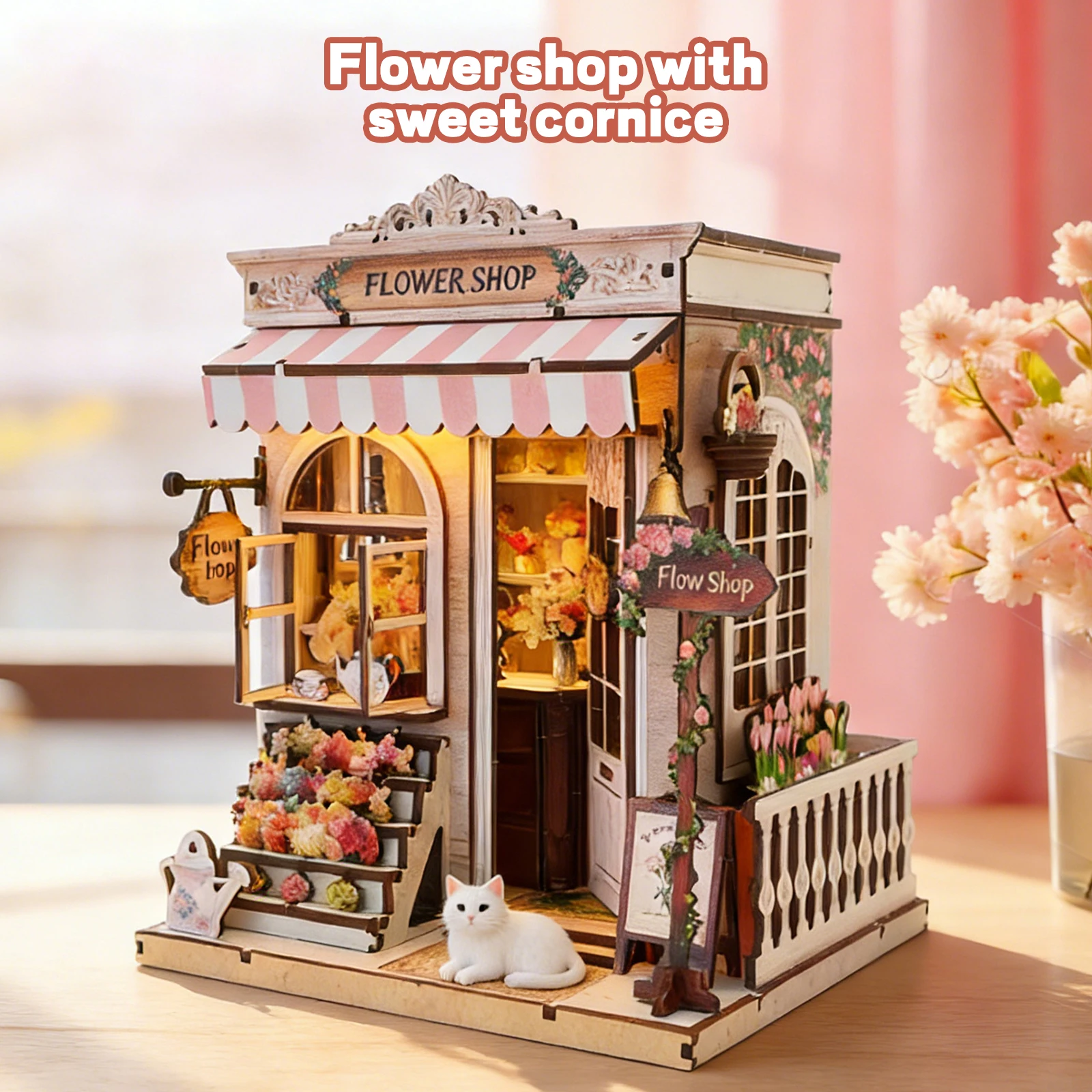 

3D деревянный пазл для взрослых Sweet Eaves Florist: книжный уголок с подсветкой, набор для сборки, миниатюрный домик DIY, подарок на день рождения и Рождество