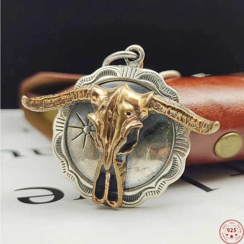 

S925 Sterling Silver Pendant for Men New Fashion Domineering Vintage Cow Head-bone Argentum Amulet Punk Viking Jewelry Wholesale