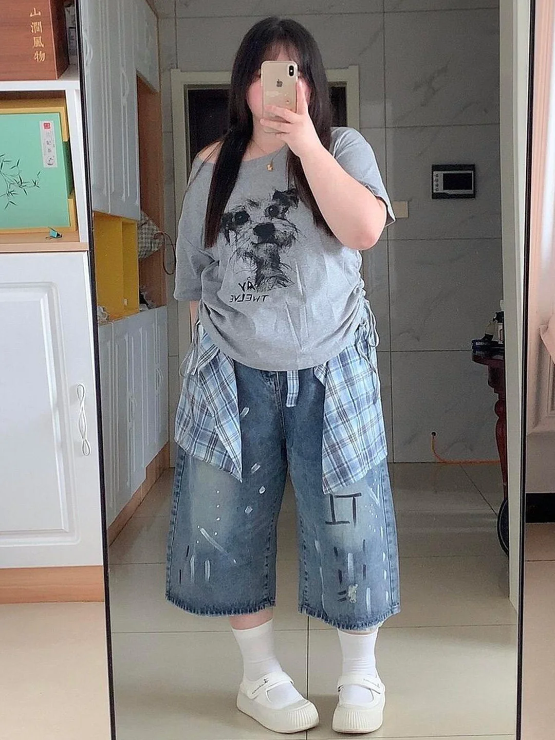 

Retro American Spill-Dye Plaid Shorts Women's Summer plus Size Loose Slim Wide-Leg Seven-Foot Jeans High Waist Commute Style