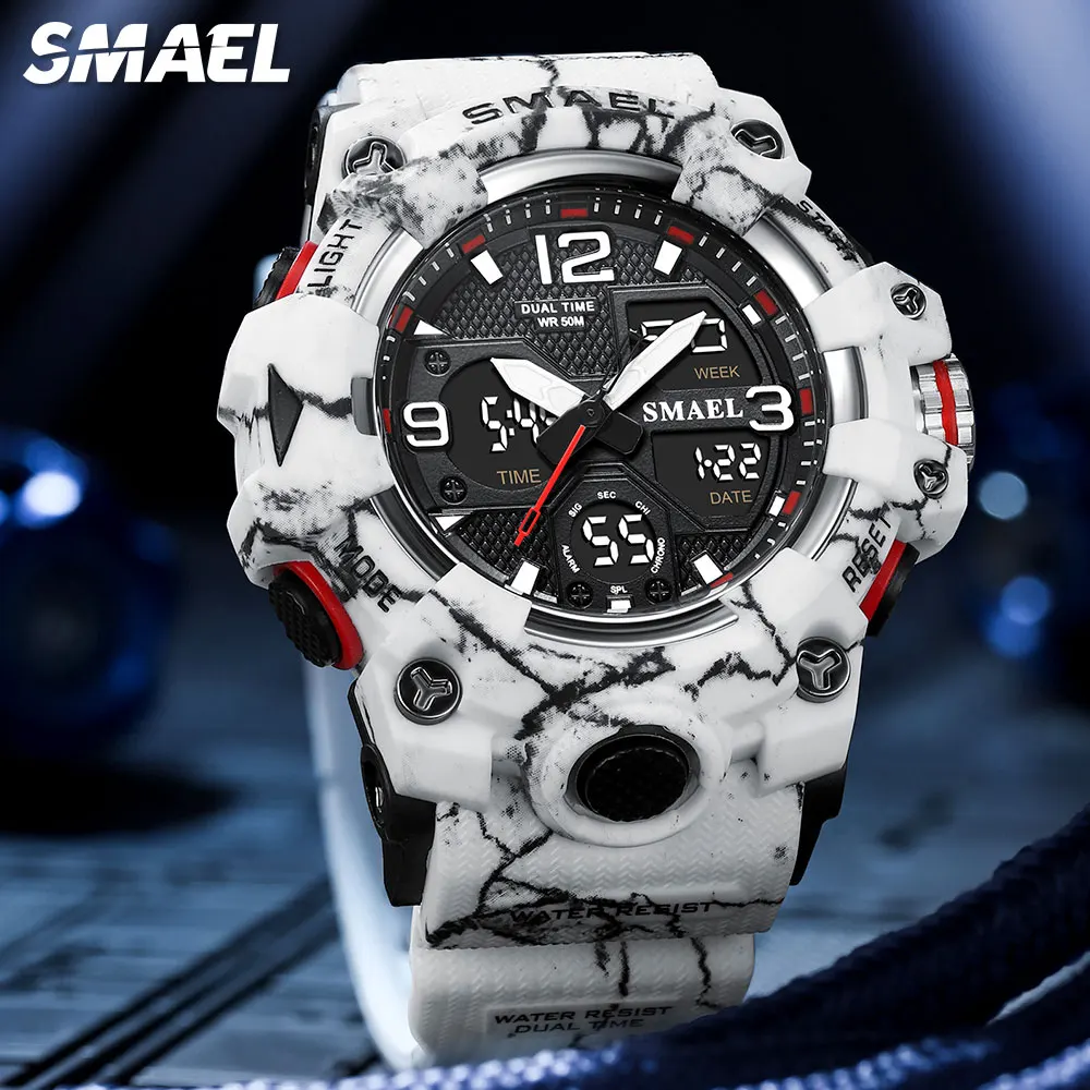 SMAEL Military Sport Watches for Men LED Dual Time Display Digital Wristwatch Fashion Waterproof Chronograph Quartz Watch Male