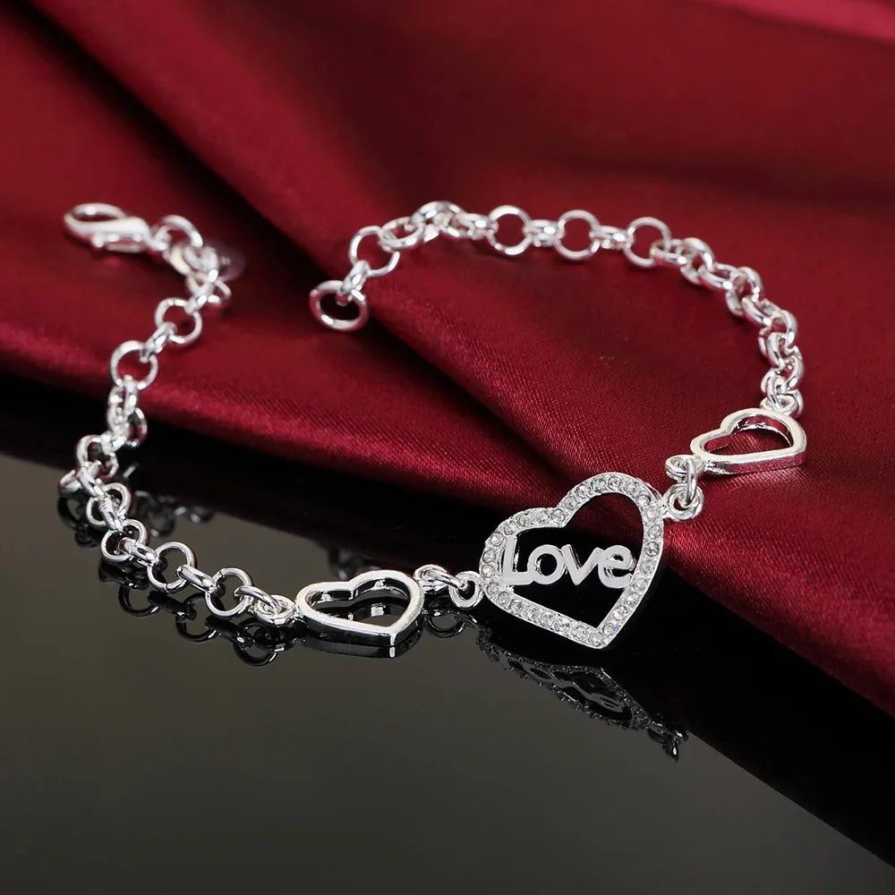 Hot Popular 925 Sterling Silver romantic crystal LOVE heart Bracelet for Women Fashion Wedding Party Christmas Gift fine Jewelry