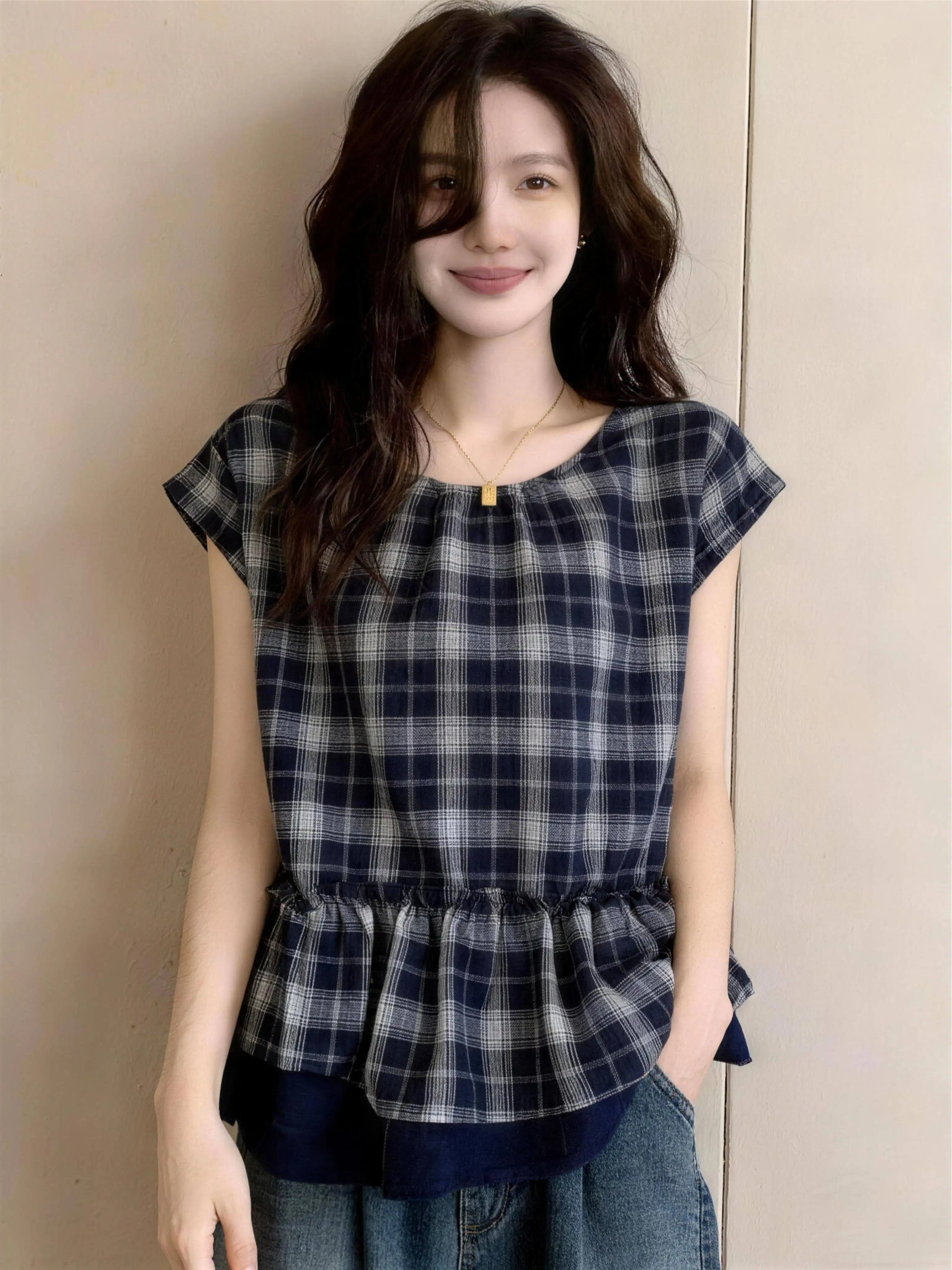 

Blue Plaid Short Sleeve Shirt Women's plus Size Summer New Style Korean Loose Fit Breathable Comfortable Doll Top