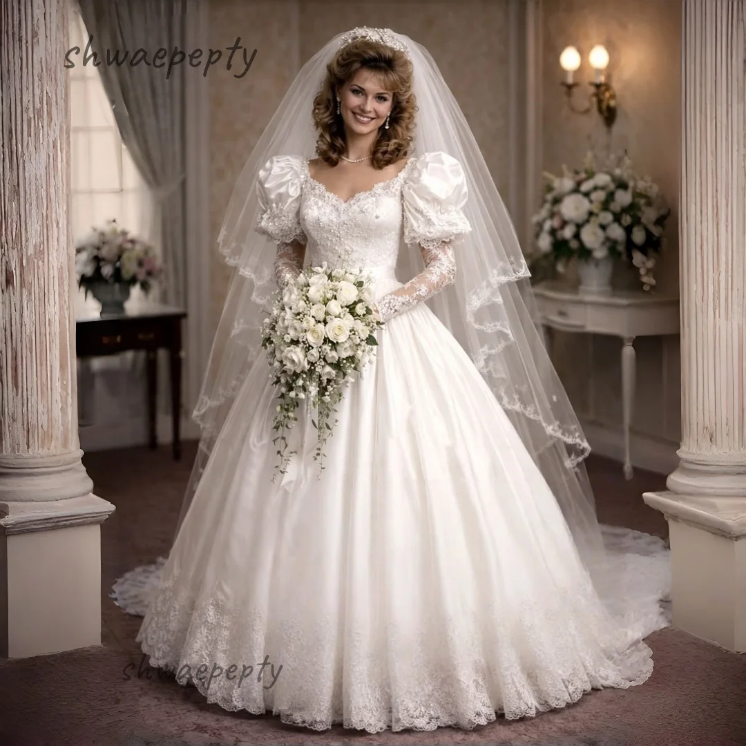 Vintage viktorianisches Hochzeitskleid mit Puffärmeln, lange, elegante Brautkleider aus Satin, Perlen, Spitzenapplikationen, Brautkleid, maßgeschneidert