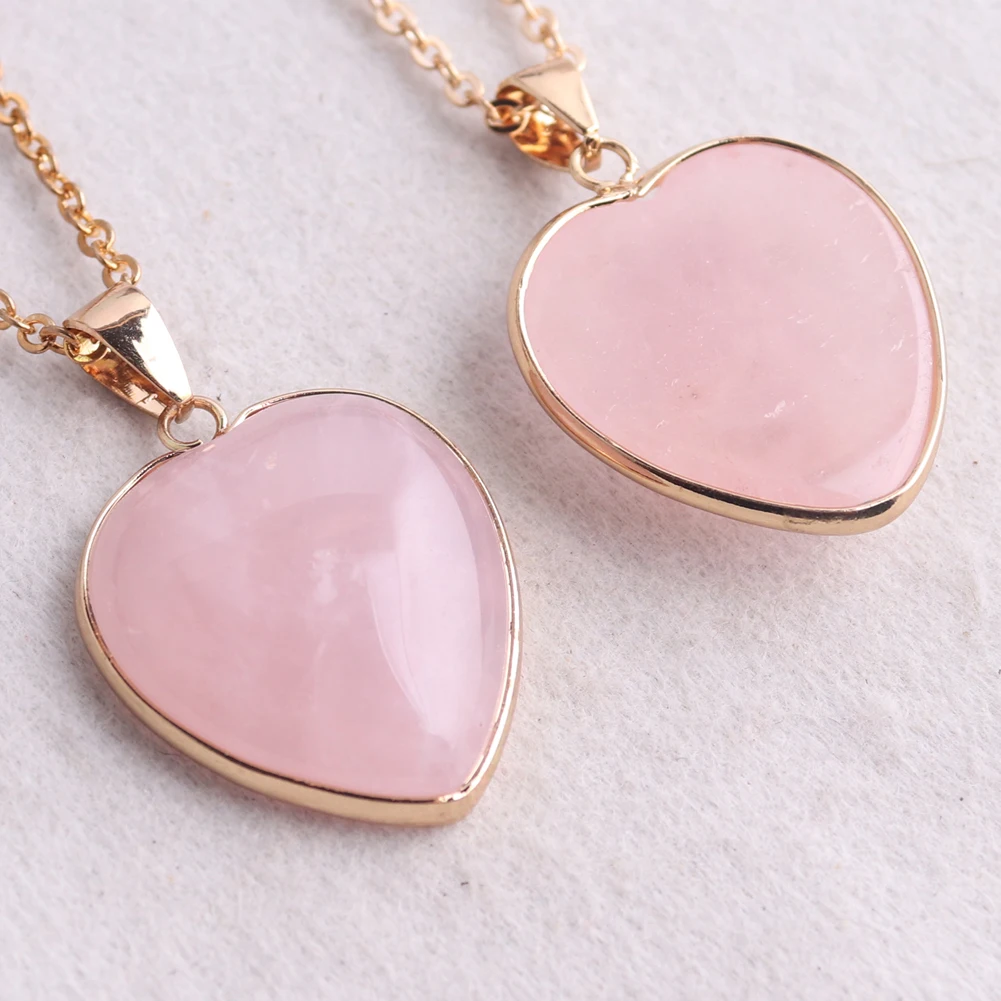 25mm Heart Shaped Natural Stone Rose Quartz Pink Crystal Pendant Necklace Charms Jewelry For Women Lucky Love Gifts