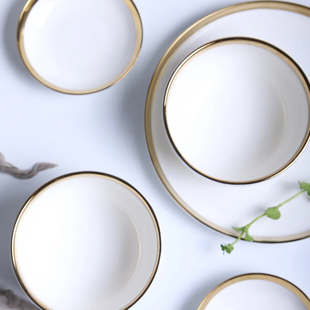 

1Pcs Creative Round Ceramic Bowl White Porcelain Bowl Golden Edged 400ml Household Salad Noodle Dessert Soup Container