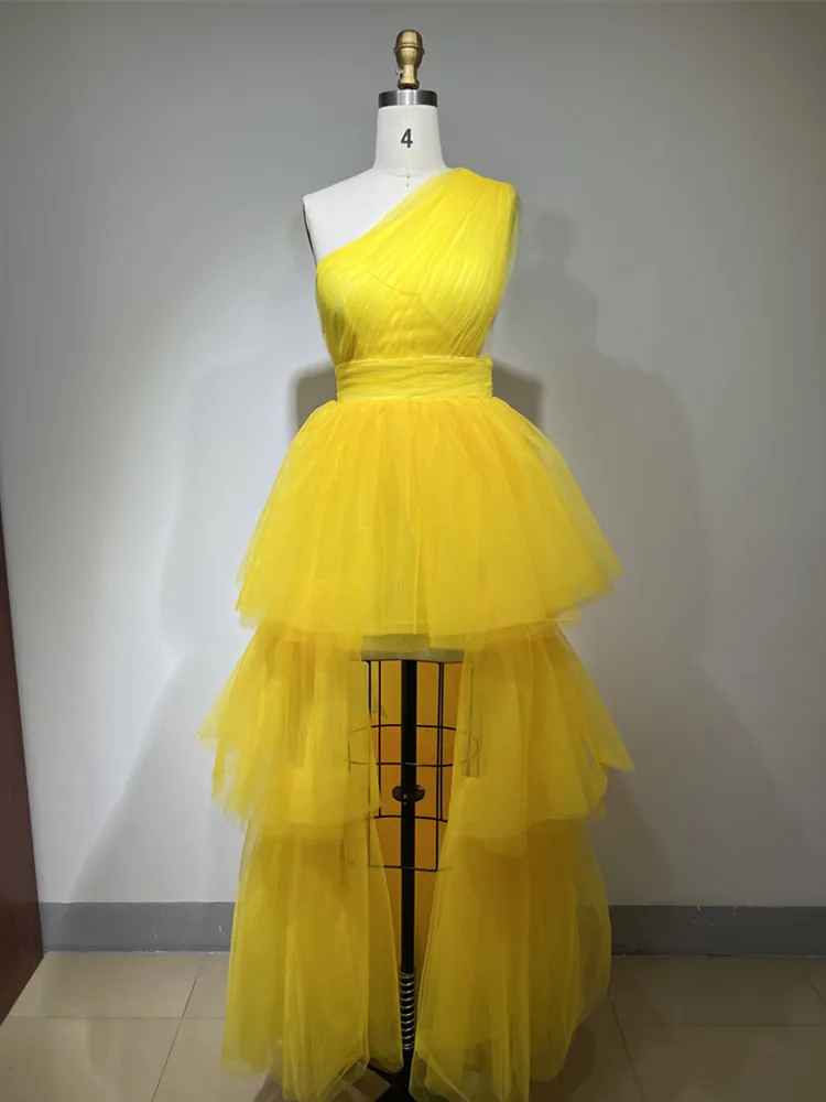 Runway Summer  2023 Women Sexy Ruffles Mesh Pleated Yellow Maxi Long Bodycon Gowns Dress Elegant Evening Party Club Dress