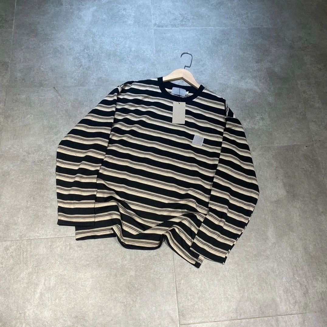 

2025 New Korean Style Heavyweight Embroidered Logo Stripe Terry Jacquard Loose Unisex Long-Sleeve Top