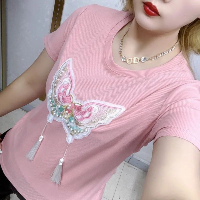 

Women's Summer Pullover Round Neck Geometric Embroidered Beaded Tassel Patchwork Short Sleeve T-shirt Casual Chinese Style Tops