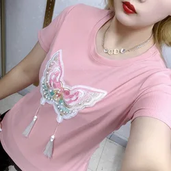 Women's Summer Pullover Round Neck Geometric Embroidered Beaded Tassel Patchwork Short Sleeve T-shirt Casual Chinese Style Tops