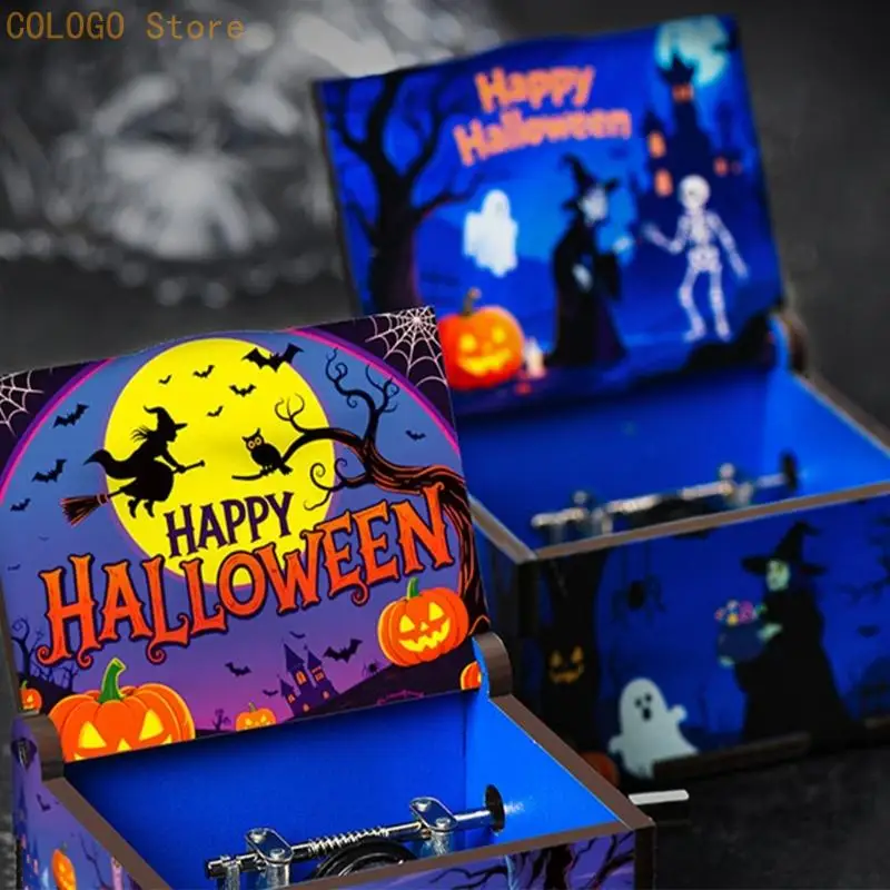 Wooden Hand Crank Music Box for Halloween Party and Shelf Decors D0LD