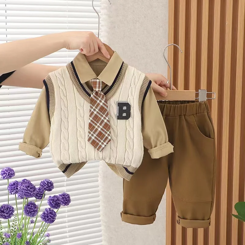 

Autumn Outfits V-neck Swearter Vest+Tie Long Sleeve Shirts+Pants 3PCS Baby Boys Clothes Set Korean New Kids Spring Casual Suit